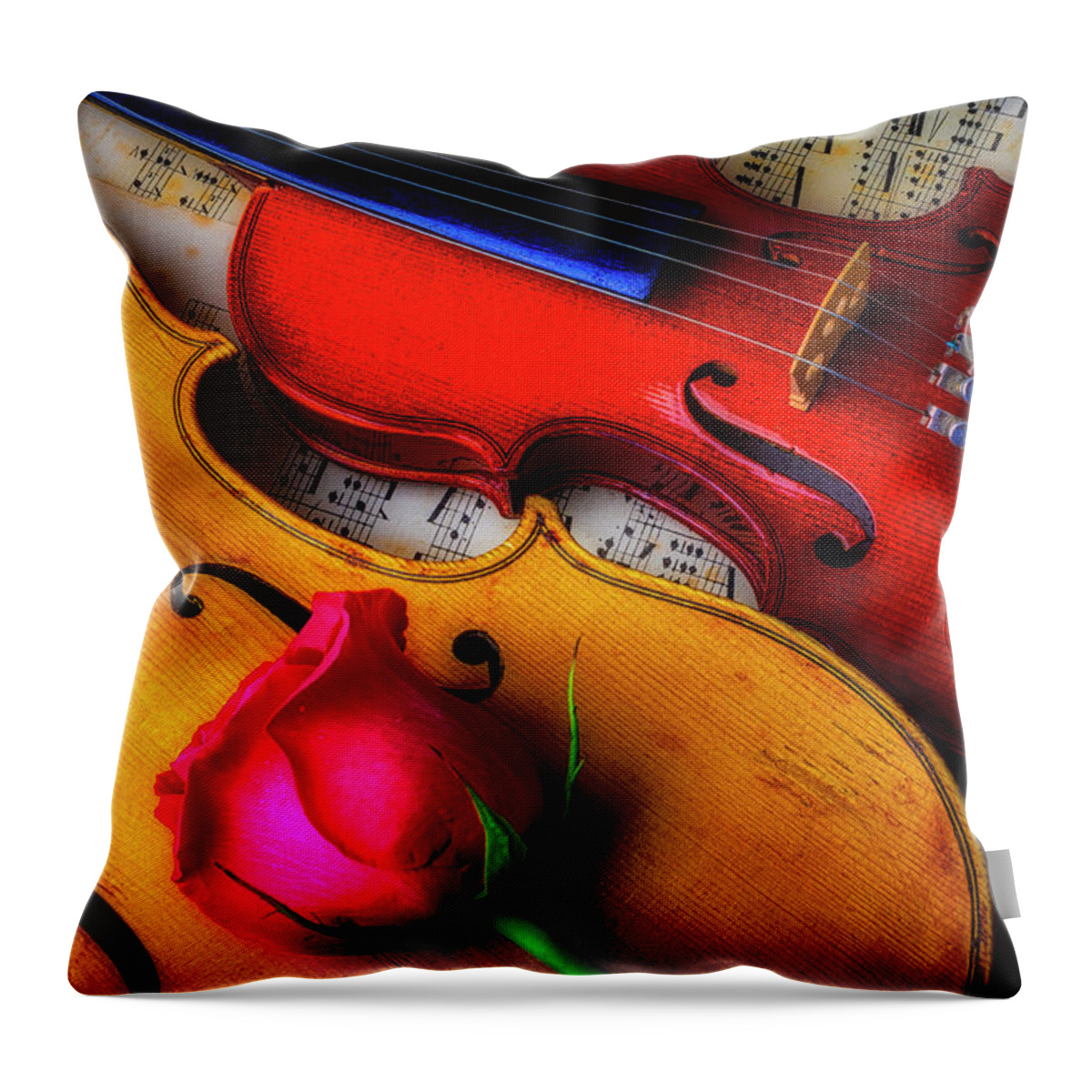 Red Throw Pillow featuring the photograph Rose And Two Violins by Garry Gay