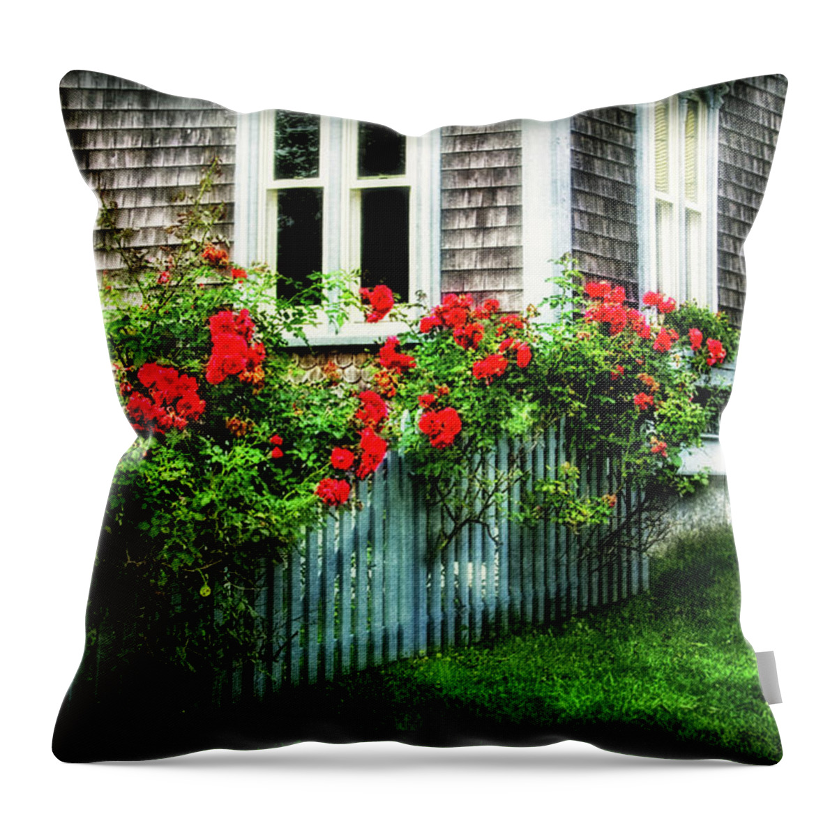 Rose-covered Fence In Historic Selburne Ns Throw Pillow featuring the photograph Rose-covered Fence in Shelburne NS by Carolyn Derstine