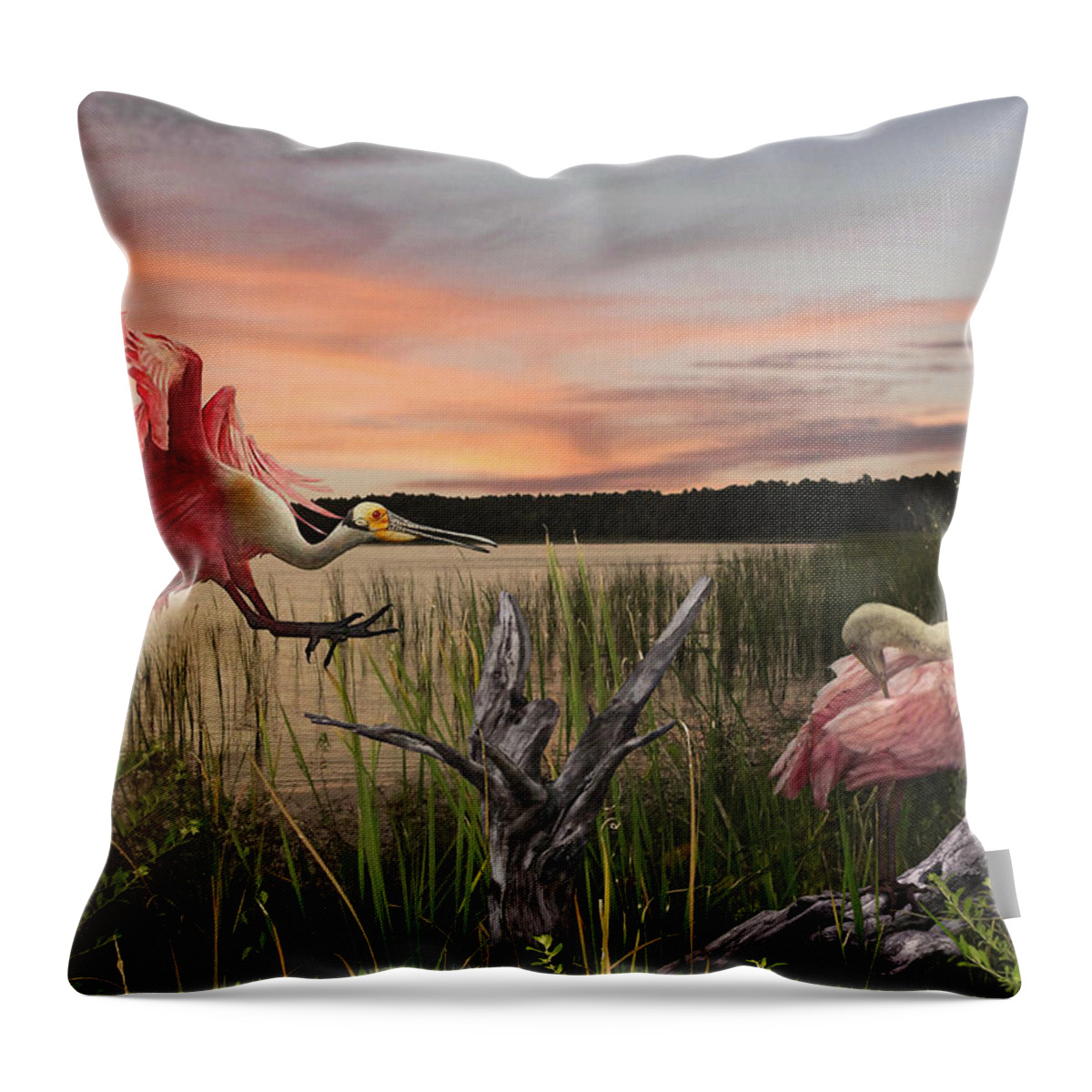 Birds Throw Pillow featuring the digital art Roseate Spoonbills on Florida's Gulf Coast by M Spadecaller