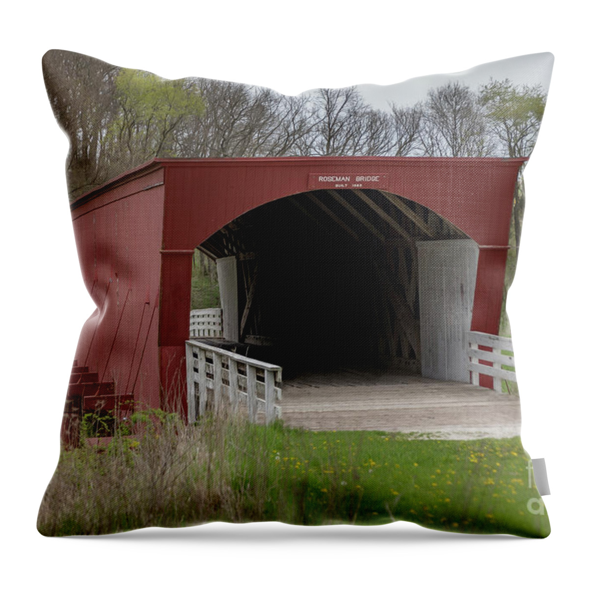 Architecture Throw Pillow featuring the photograph Roseman Covered Bridge - Madison County - Iowa by Teresa Wilson