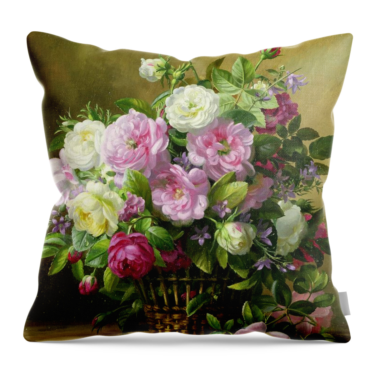 Rose; Roses; Still Life; Flower; Flowers; Arrangement; Pink; White; Basket; Leafs; Rose Petals On Floor; Pink Rose On Floor Throw Pillow featuring the painting Roses by Albert Williams