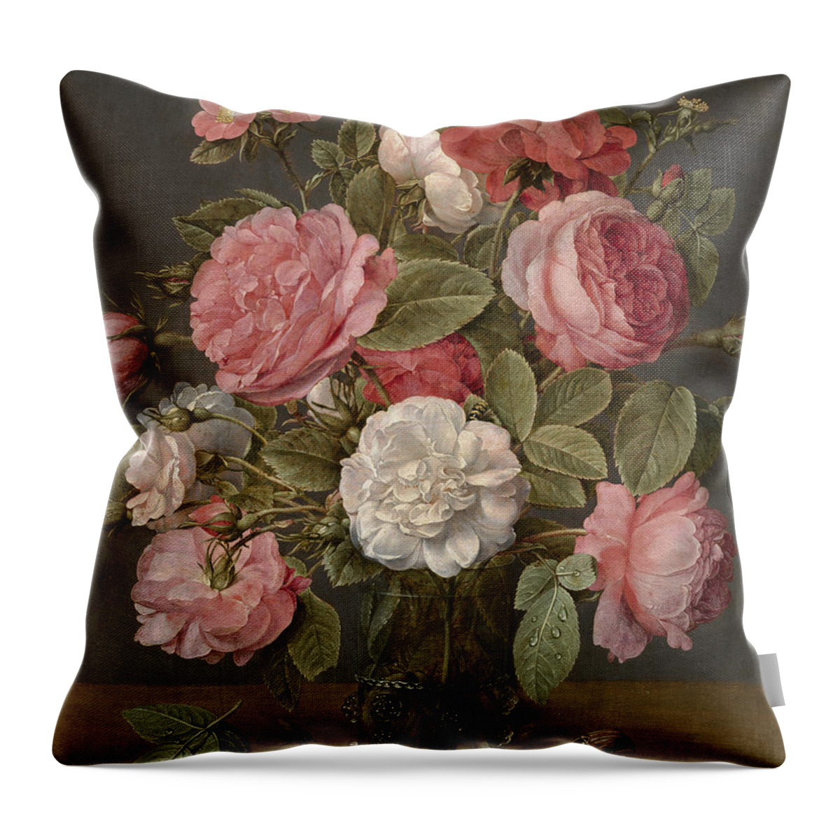 Glass Vase Throw Pillow featuring the painting Roses in a Glass Vase by Jacob van Hulsdonck