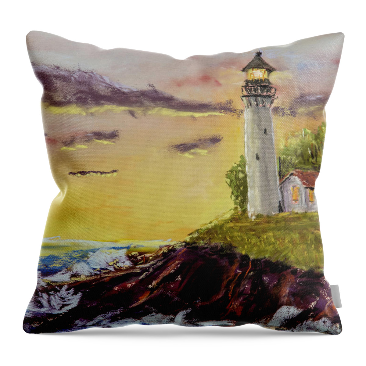 Lighthouse Throw Pillow featuring the painting Rough Seas at Sunset by Barry Jones