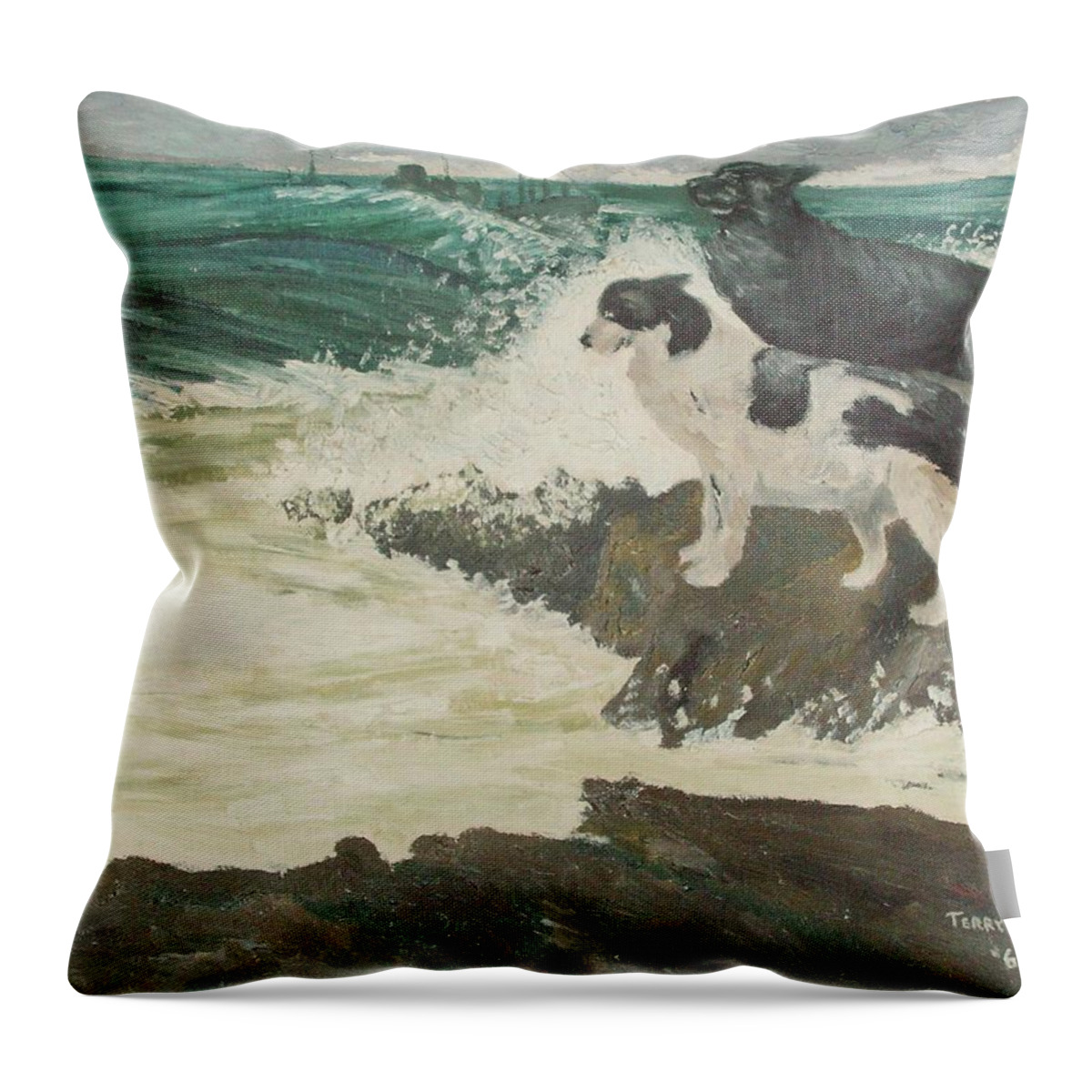 Wild Sea Throw Pillow featuring the painting RoughSea by Terry Frederick