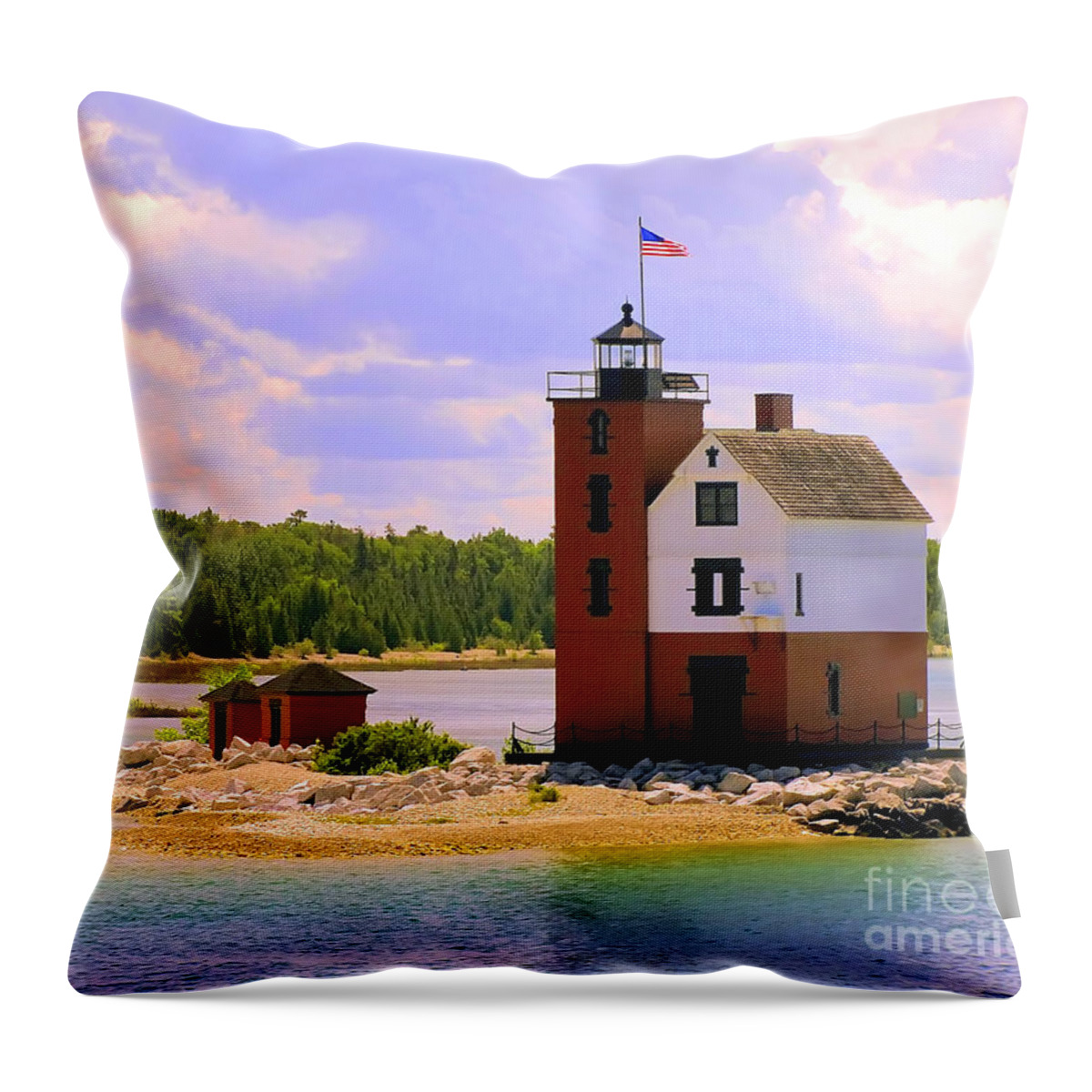 Mackinac Island Throw Pillow featuring the painting Round Island Lighthouse by Betsy Foster Breen