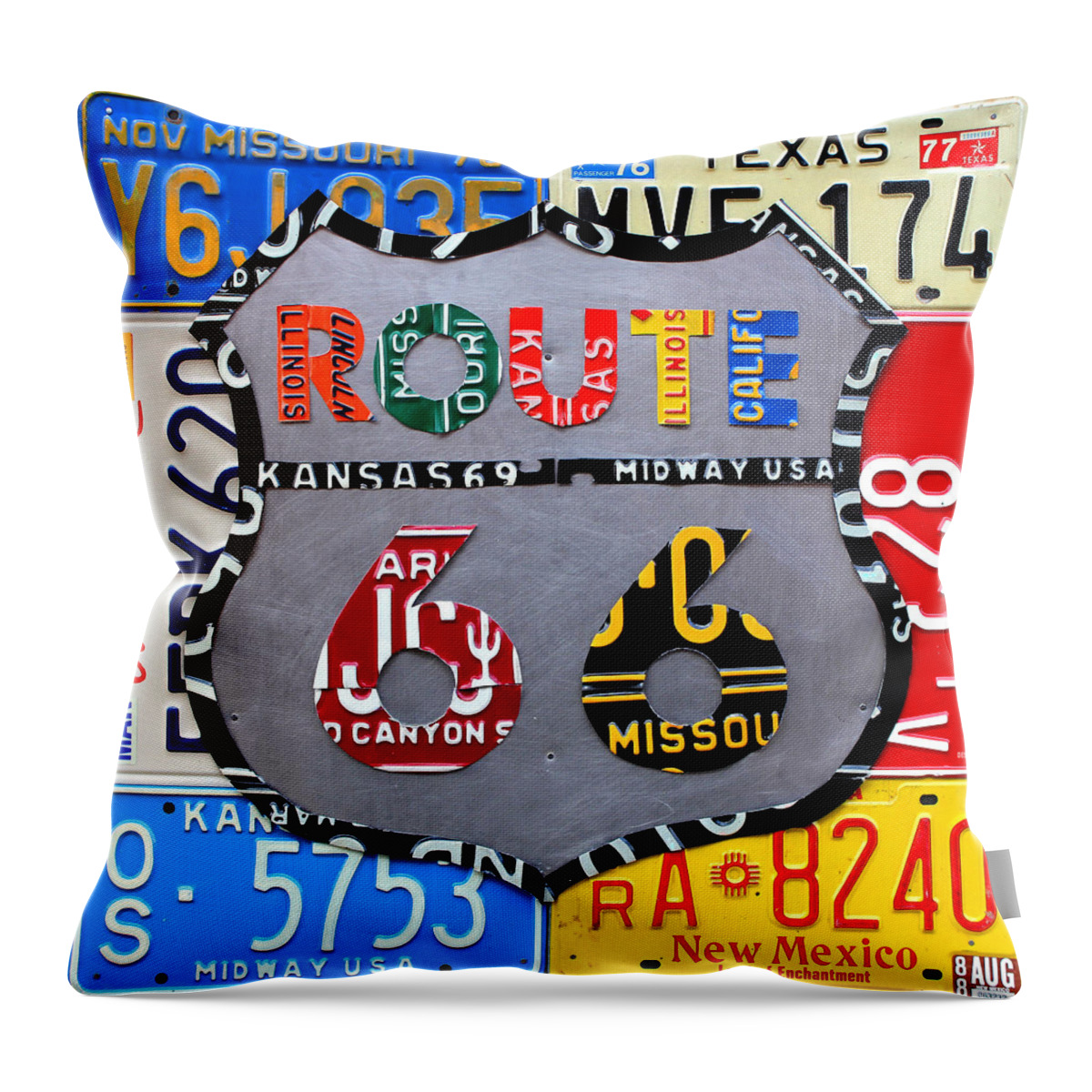 Route 66 Highway Road Sign License Plate Art Travel License Plate Map Throw Pillow featuring the mixed media Route 66 Highway Road Sign License Plate Art by Design Turnpike