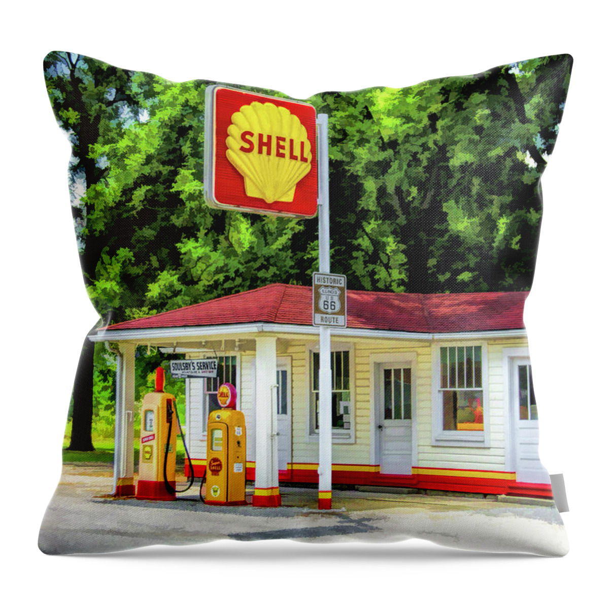 Route 66 Throw Pillow featuring the painting Route 66 Soulsby Service Station by Christopher Arndt
