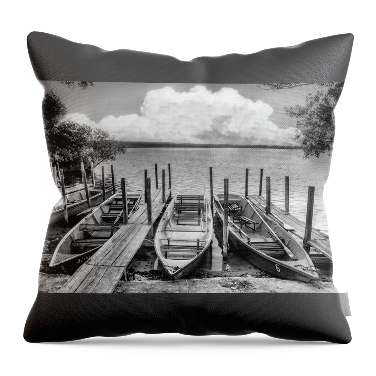 Boats Throw Pillow featuring the photograph Rowboats at the Lake in Black and White by Debra and Dave Vanderlaan