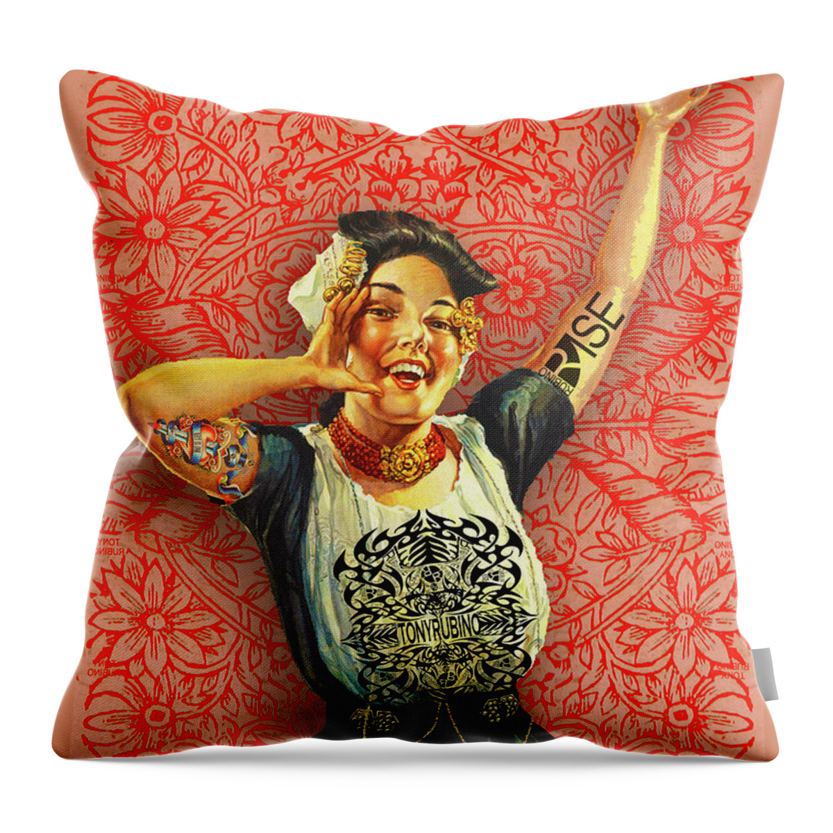 Hand Throw Pillow featuring the mixed media Rubino Rise Woman by Tony Rubino