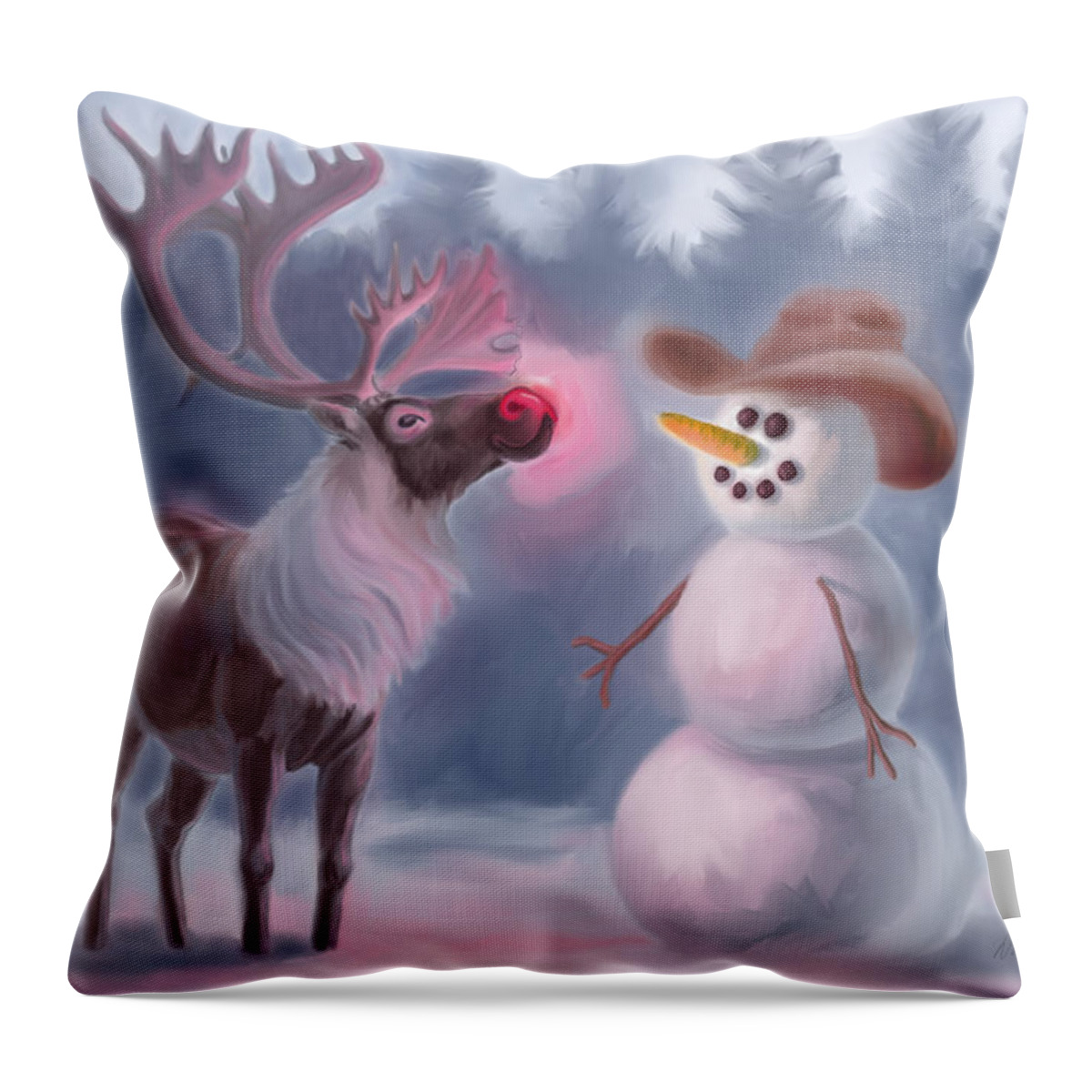 Rudolph Throw Pillow featuring the digital art Rudolph Meets Frosty by David Burgess