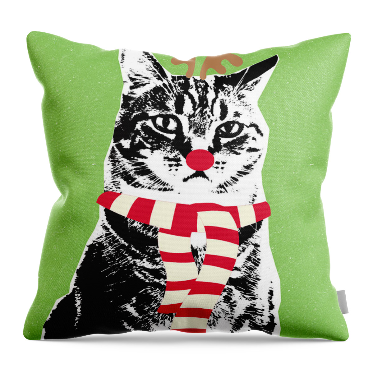 Reindeer Cat Throw Pillow featuring the mixed media Rudolph The Red Nosed Cat- Art by Linda Woods by Linda Woods