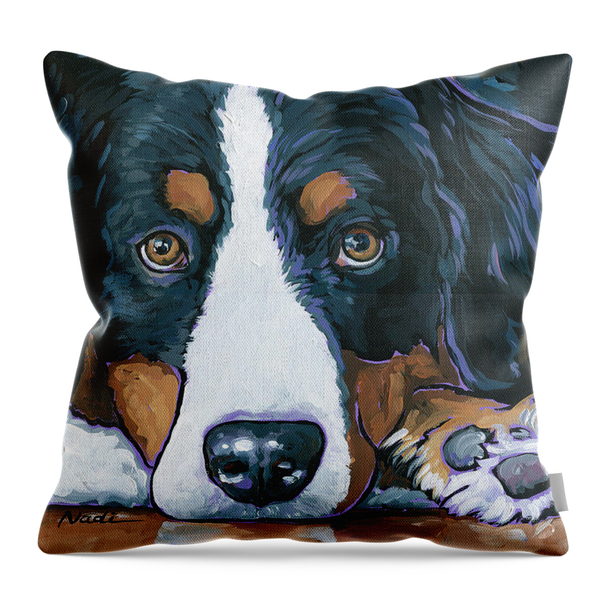 Bernese Mountain Dog Throw Pillow featuring the painting Rudy by Nadi Spencer