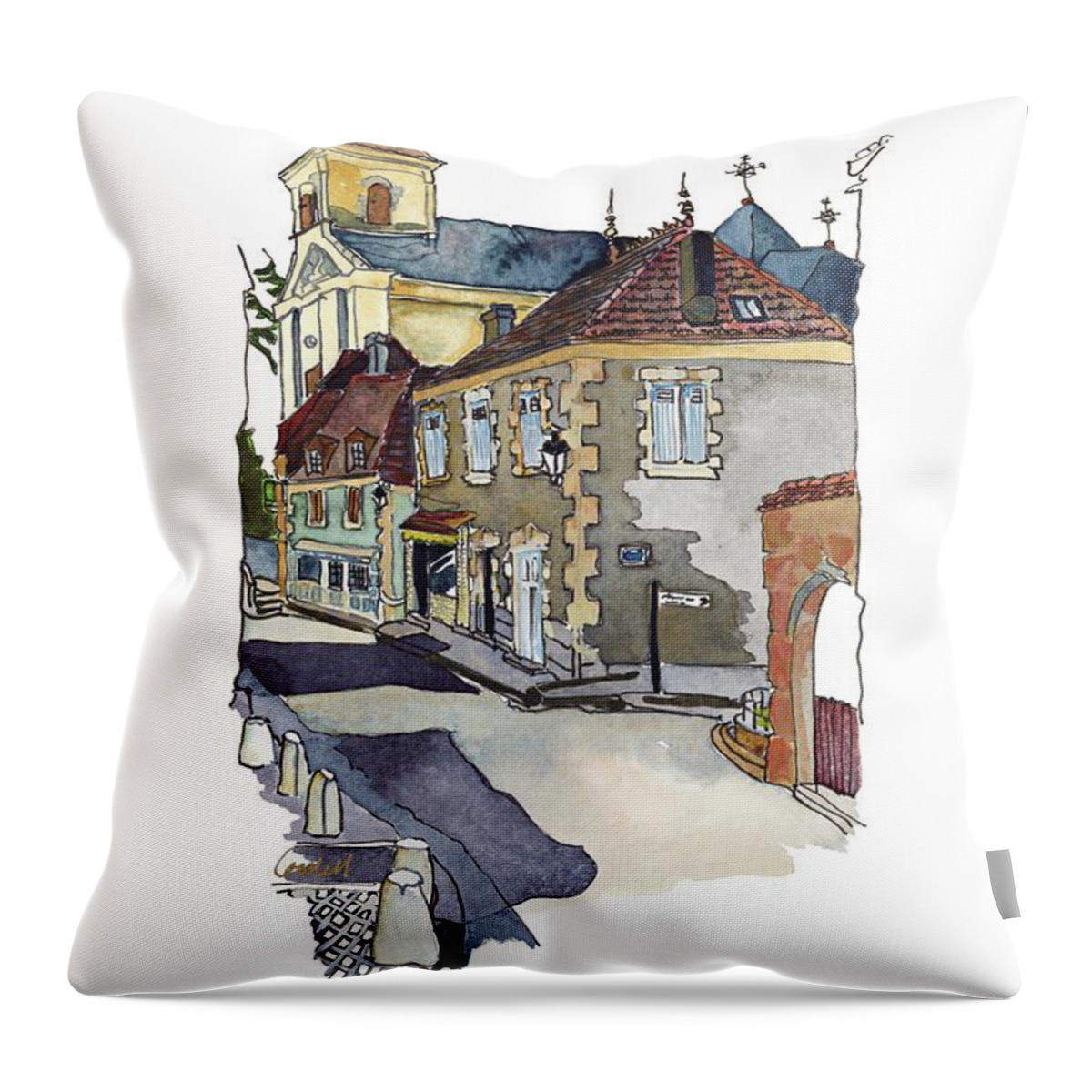 Dordogne Village Throw Pillow featuring the painting Rue Font St Jean, Ste Alvere, Dordogne by Joan Cordell