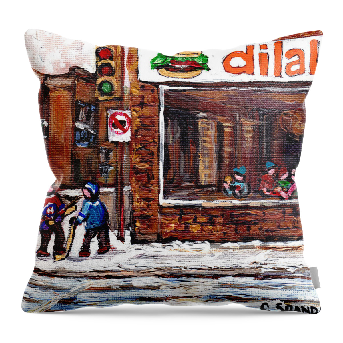 Dilallo Throw Pillow featuring the painting Rue Notre Dame Montreal Winter Street Scene Paintings Dilallo Burger Hockey Scenes Canadian Art by Carole Spandau