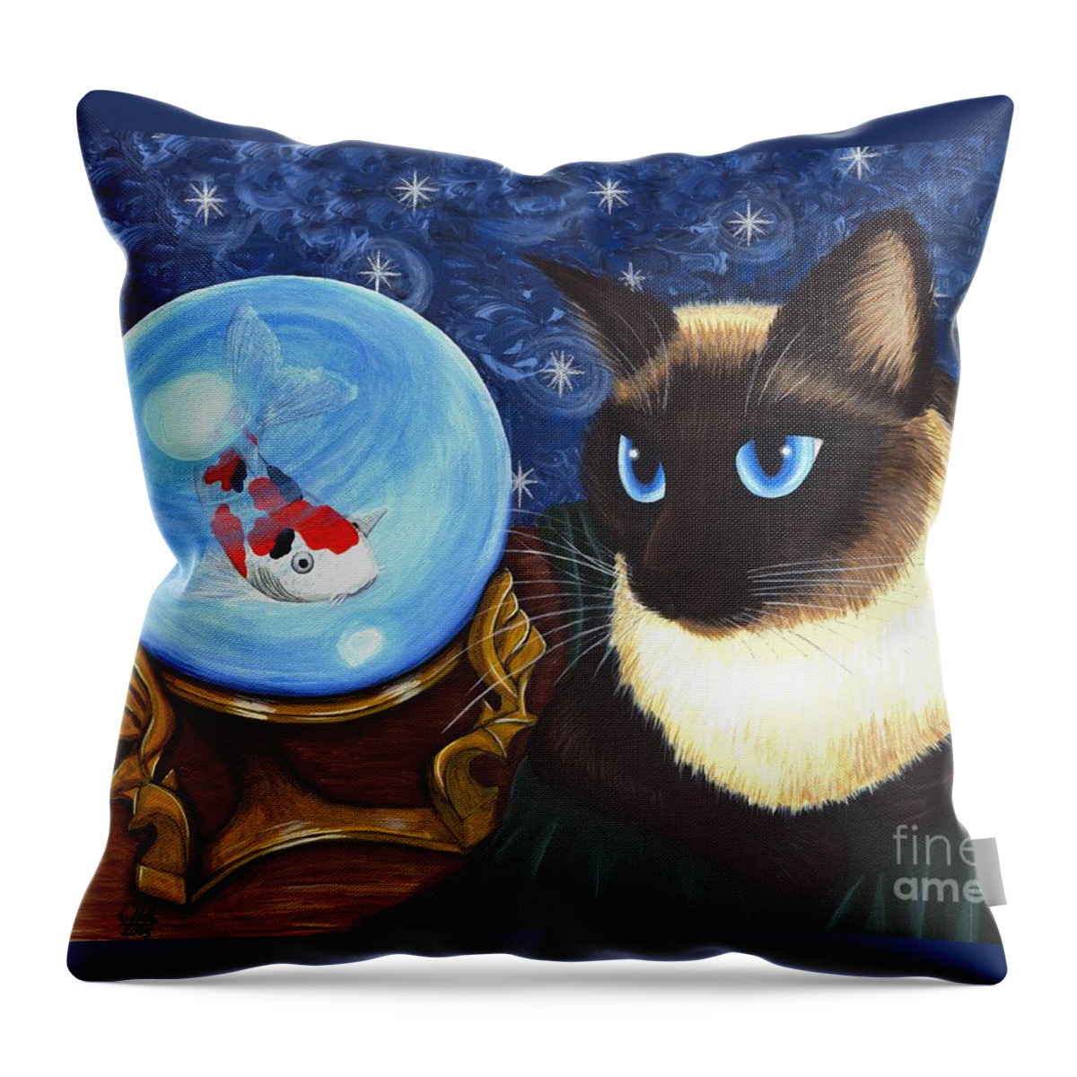 Siamese Cat Throw Pillow featuring the painting Rue Rue's Fortune - Siamese Cat Koi by Carrie Hawks