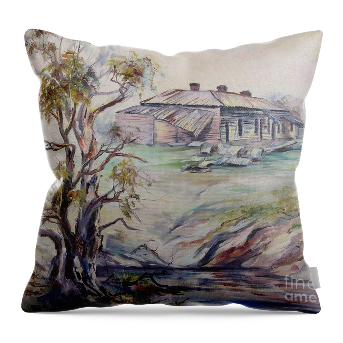 Squatter's Arms Throw Pillow featuring the painting Ruins of Squatter's Arms Inn, Cookardinia. 2 of pair. by Ryn Shell