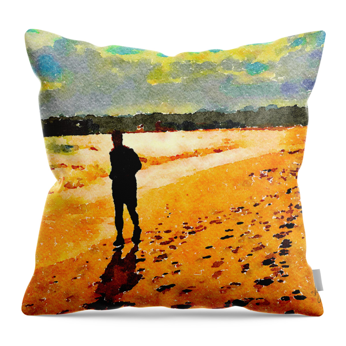 Runner Throw Pillow featuring the painting Running in the Golden Light by Angela Treat Lyon
