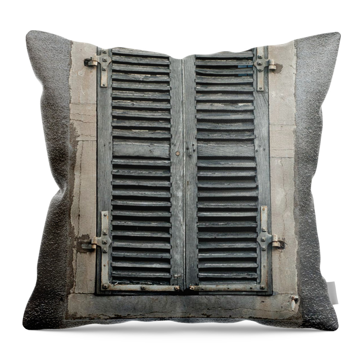 Rustic Throw Pillow featuring the photograph Rustic French Window Shutters Vignette 1 by Jani Freimann