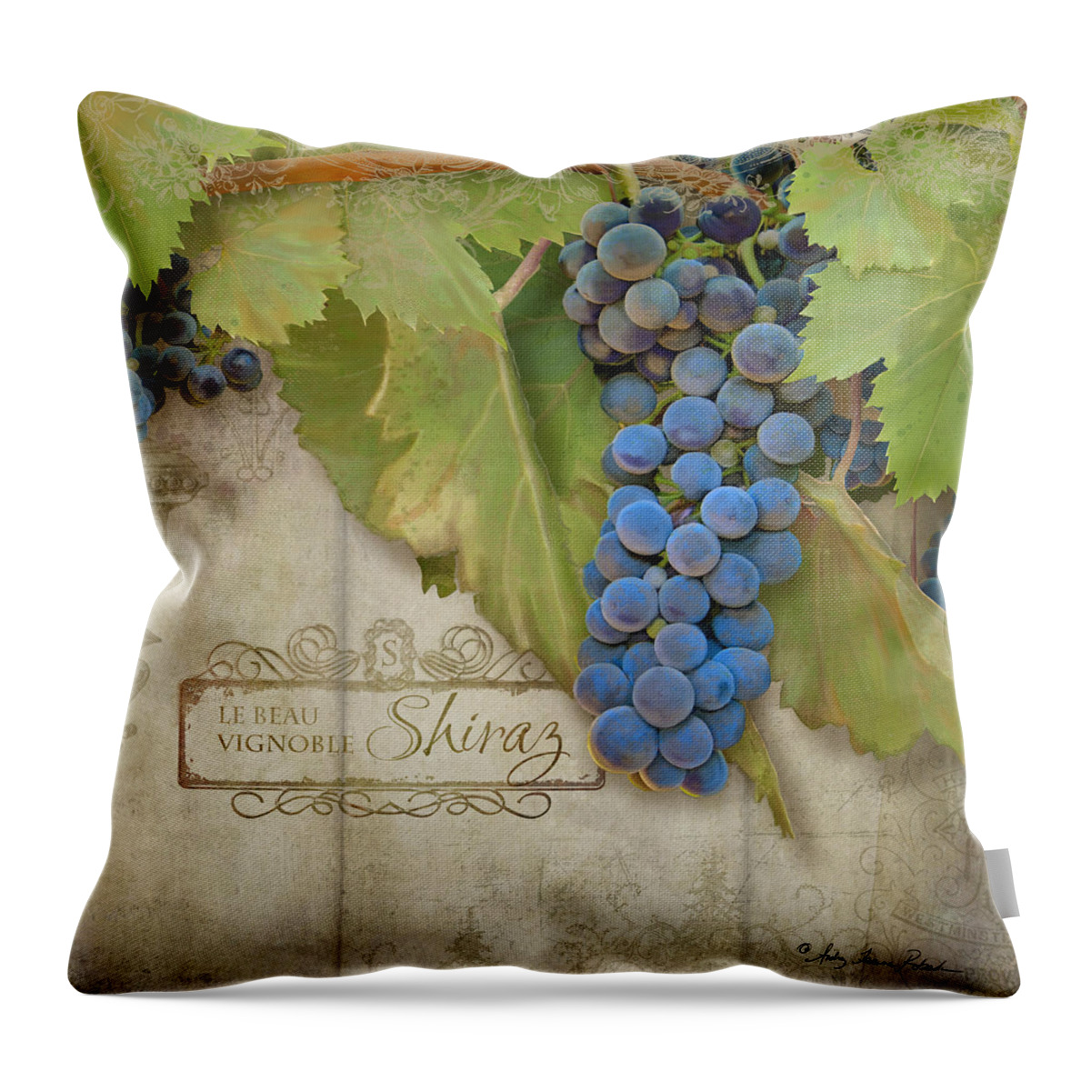 Shiraz Throw Pillow featuring the painting Rustic Vineyard - Shiraz Wine Grapes over Stone by Audrey Jeanne Roberts