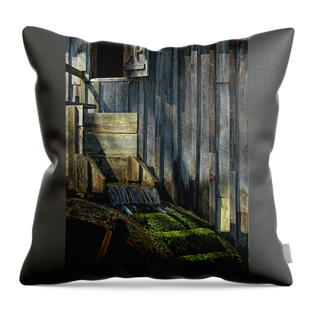 Water Throw Pillow featuring the photograph Rustic Water Wheel with Moss by Mitch Spence