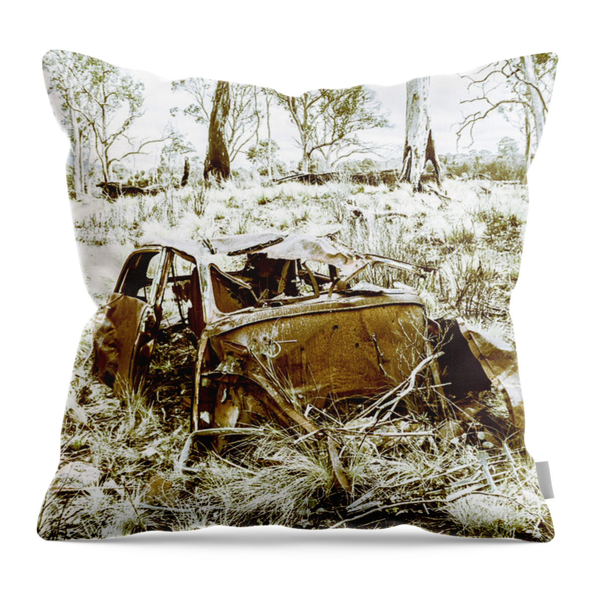 Holden Throw Pillow featuring the photograph Rusty old Holden car wreck by Jorgo Photography