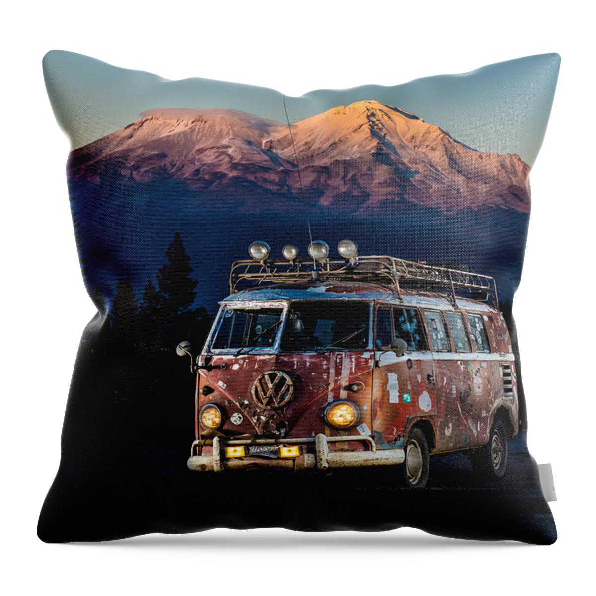 Richard Kimbrough Throw Pillow featuring the photograph Rustybus and Mount Shasta at Dusk by Richard Kimbrough