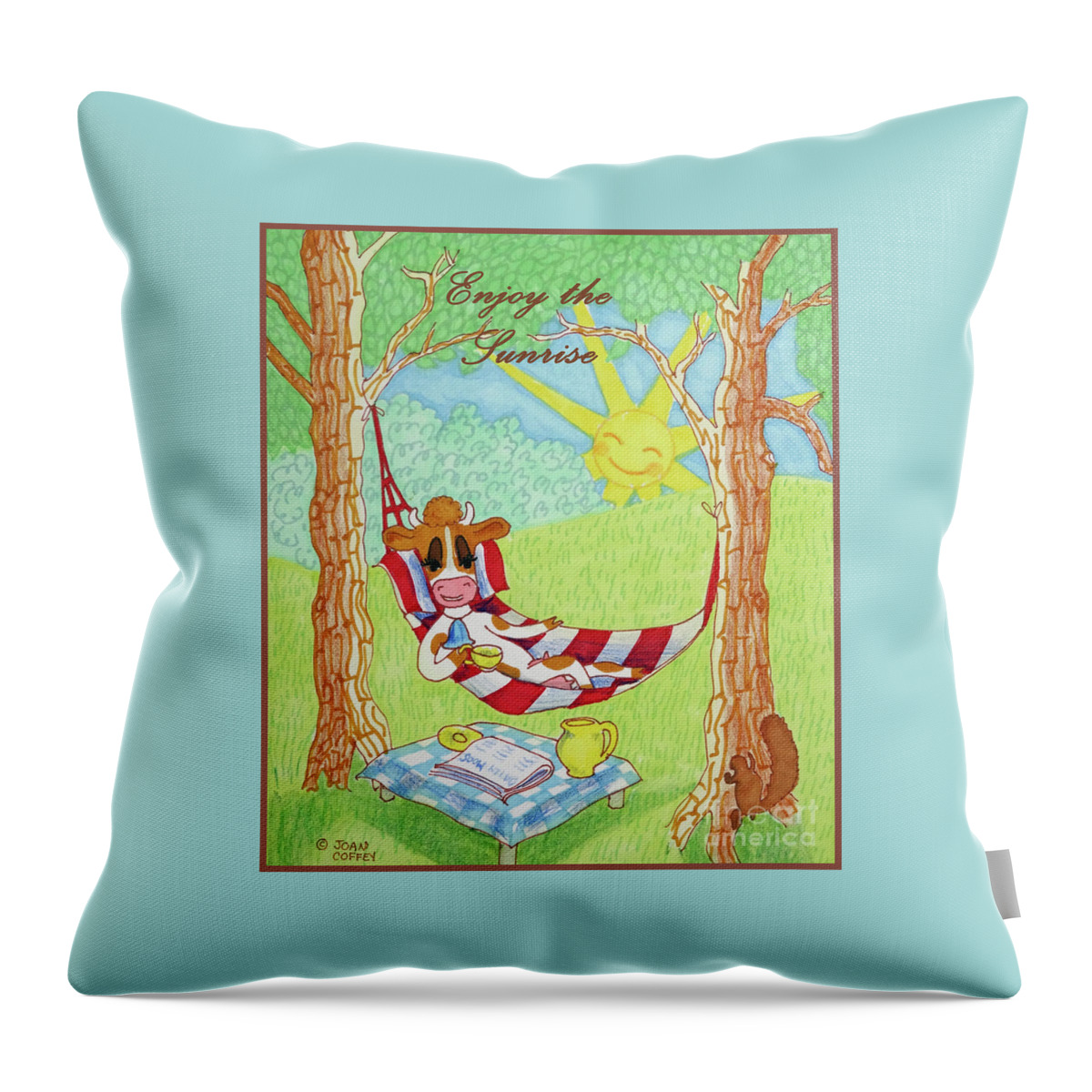 Ruthie-moo Throw Pillow featuring the drawing RuthieMoo Enjoy The Sunrise by Joan Coffey