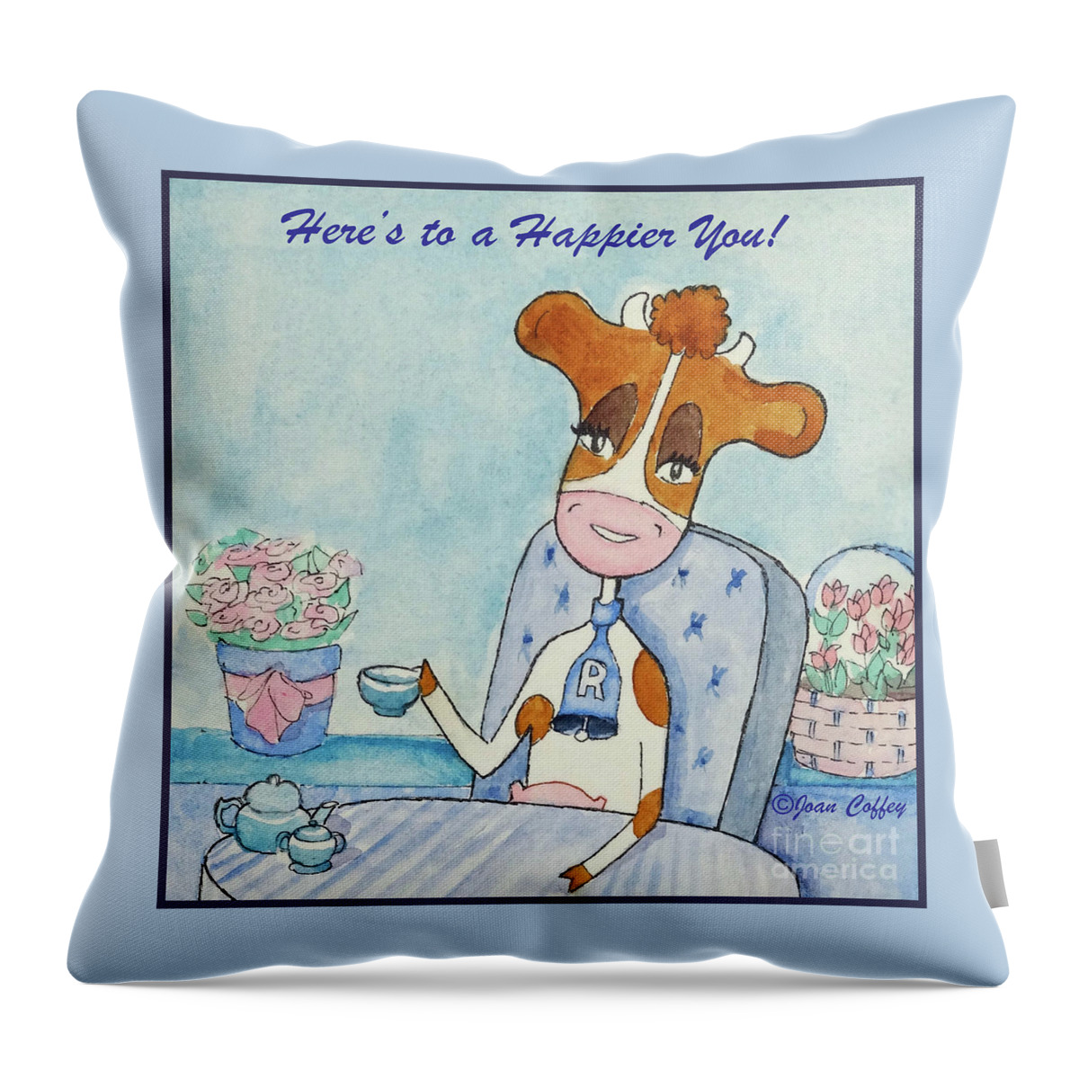 Ruthiemoo Throw Pillow featuring the drawing RuthieMoo Here's To A Happier You by Joan Coffey