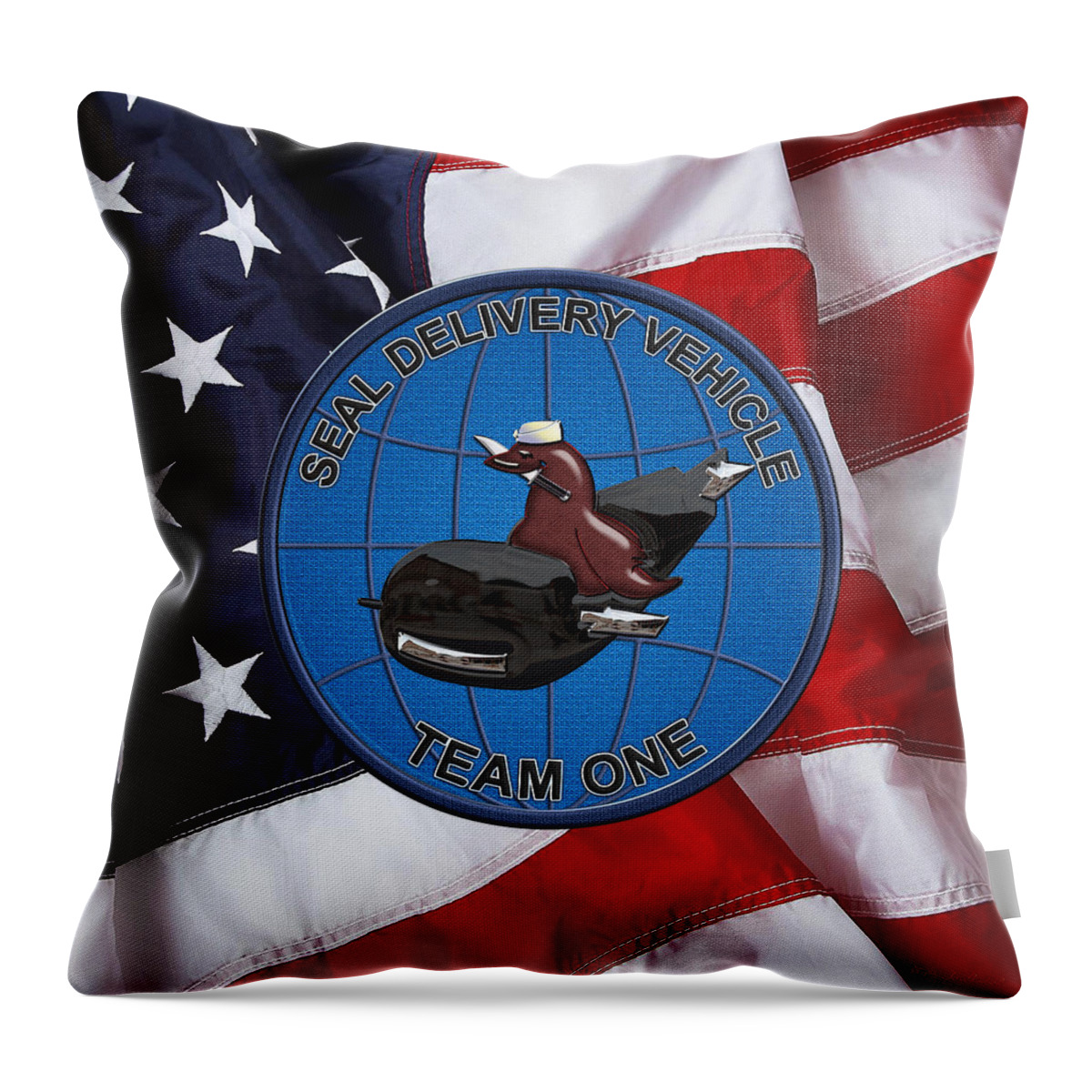 'military Insignia & Heraldry - Nswc' Collection By Serge Averbukh Throw Pillow featuring the digital art S E A L Delivery Vehicle Team One - S D V T 1 Patch over U. S. Flag by Serge Averbukh