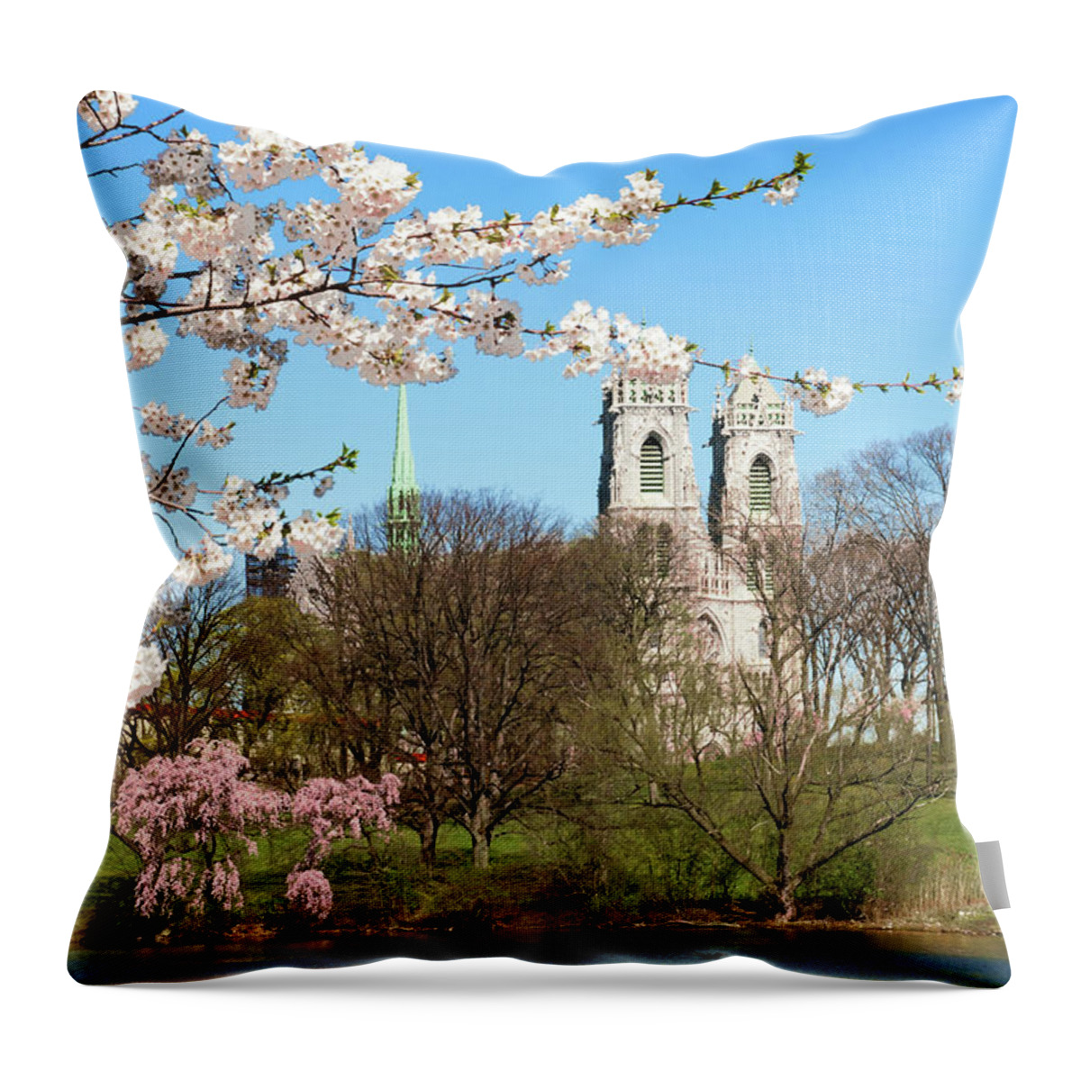 Branch Brook Park Cherry Blossoms 2013 Throw Pillow featuring the photograph Sacred Heart and Branch Brook Cherry Blossoms by Regina Geoghan