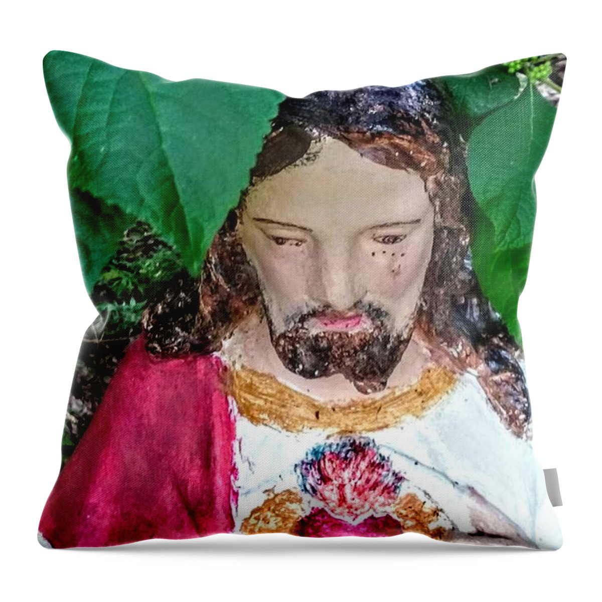 Sacred Heart Of Jesus In Garden Throw Pillow featuring the photograph Sacred Heart of Jesus In Garden by Seaux-N-Seau Soileau