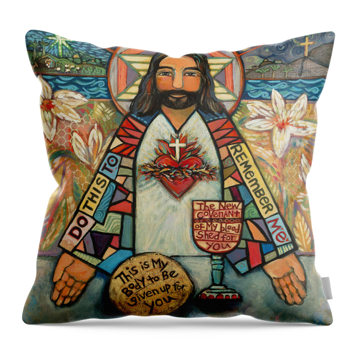 Jen Norton Throw Pillow featuring the painting Sacred Heart of Jesus by Jen Norton
