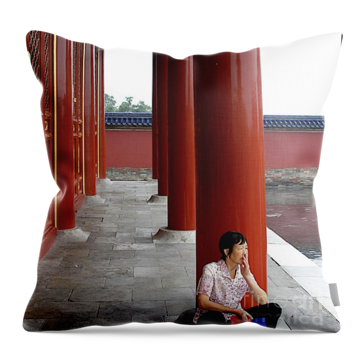 Temple Of Heaven Throw Pillow featuring the photograph Sad Lady at the Temple by Xine Segalas