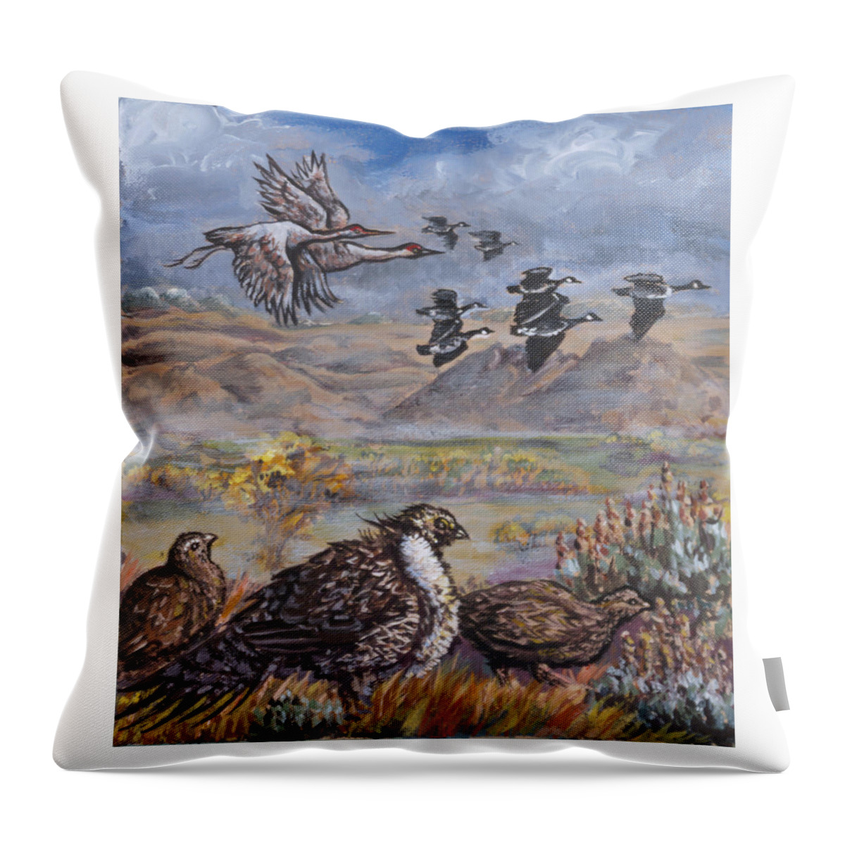 Birds Throw Pillow featuring the painting Sage Grouse Watch the Migration by Dawn Senior-Trask