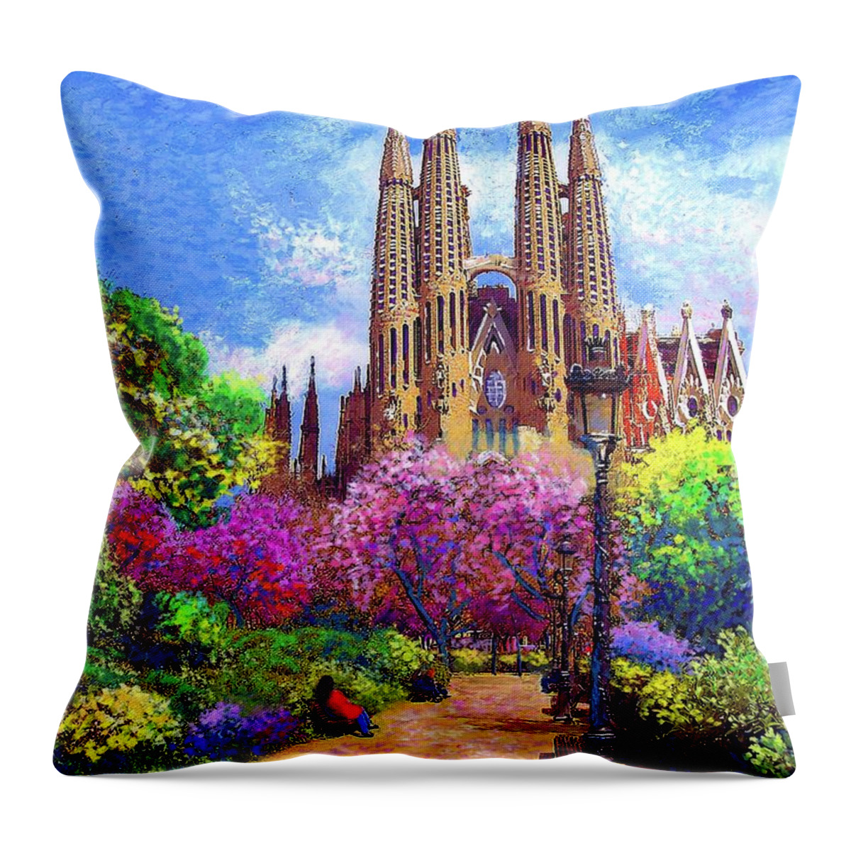 Spain Throw Pillow featuring the painting Sagrada Familia and Park Barcelona by Jane Small