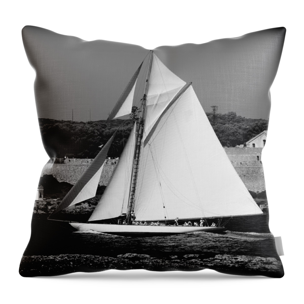 Sailboat Throw Pillow featuring the photograph sailboat - a one mast classical vessel sailing in one of the most beautiful harbours Port Mahon by Pedro Cardona Llambias