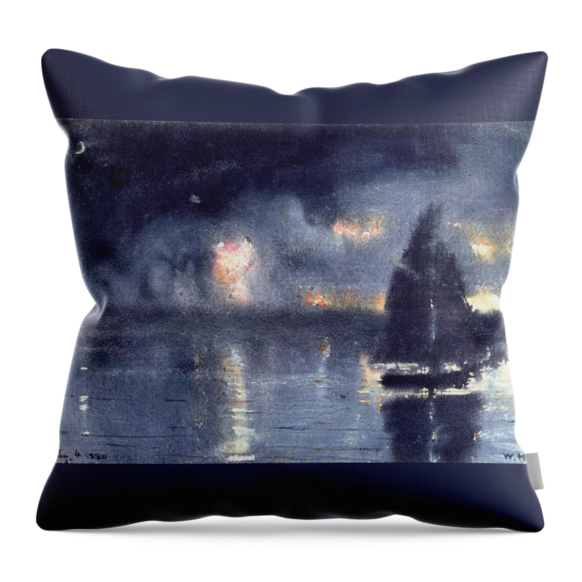 Winslow Homer Throw Pillow featuring the drawing Sailboat and Fourth of July Fireworks by Winslow Homer