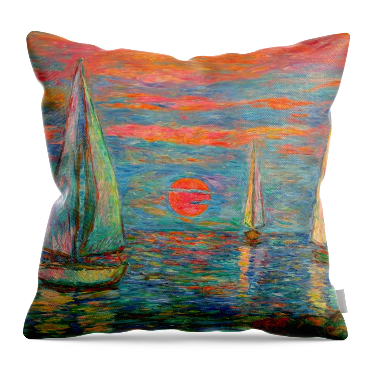 Ocean Sunset Throw Pillow featuring the painting Sailboat Sunrise by Kendall Kessler