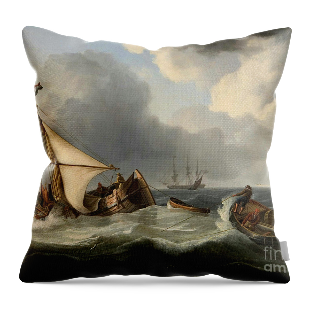 Charles Martin Powell Throw Pillow featuring the painting Sailboats And Fishing Boats In Rough Sea by MotionAge Designs