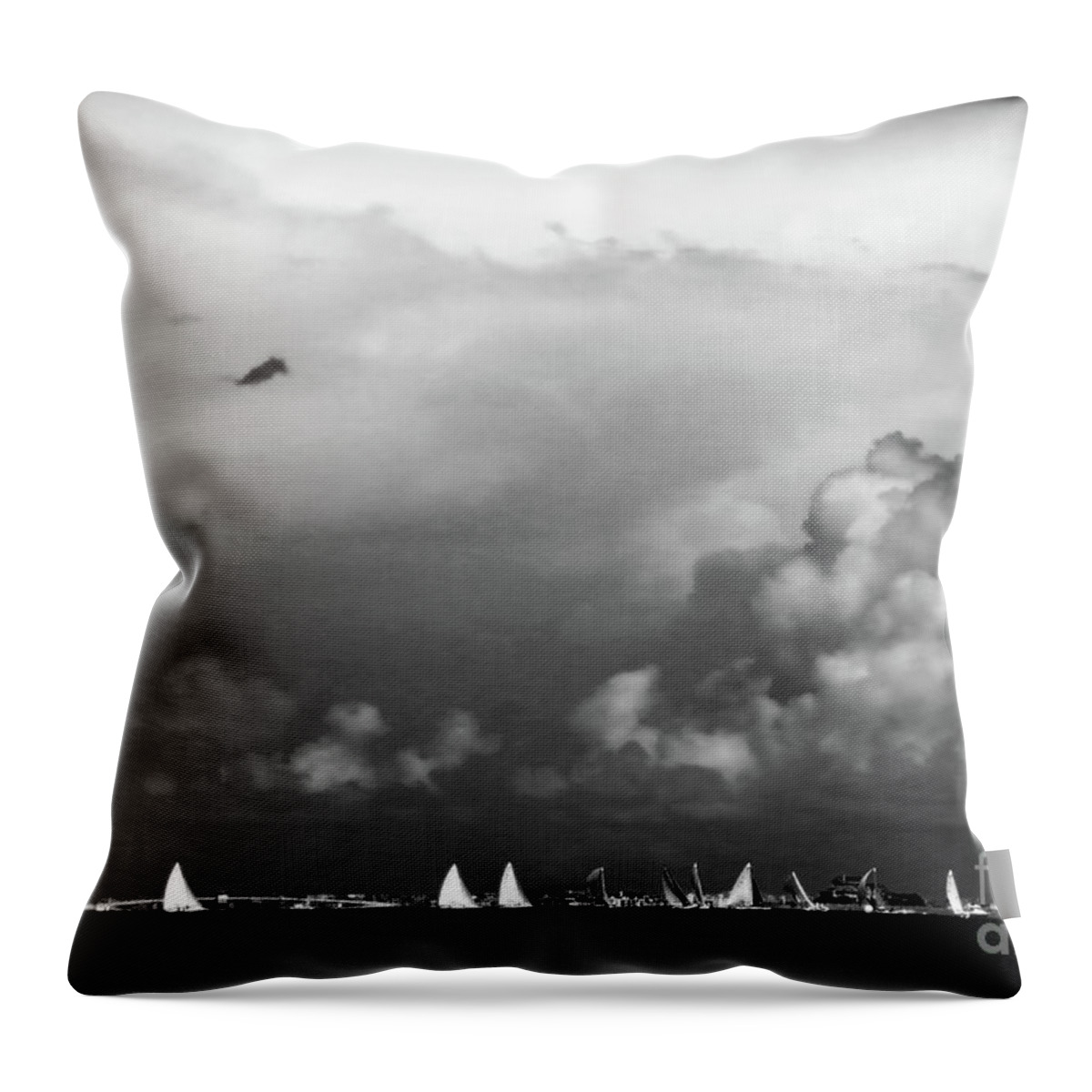 Landscape Throw Pillow featuring the photograph Sailboats and Thunderheads in BW by Mary Haber