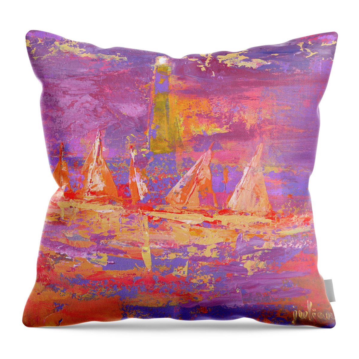 Sailboats Throw Pillow featuring the painting Sailboats with lighthouse at sunrise by Julianne Felton