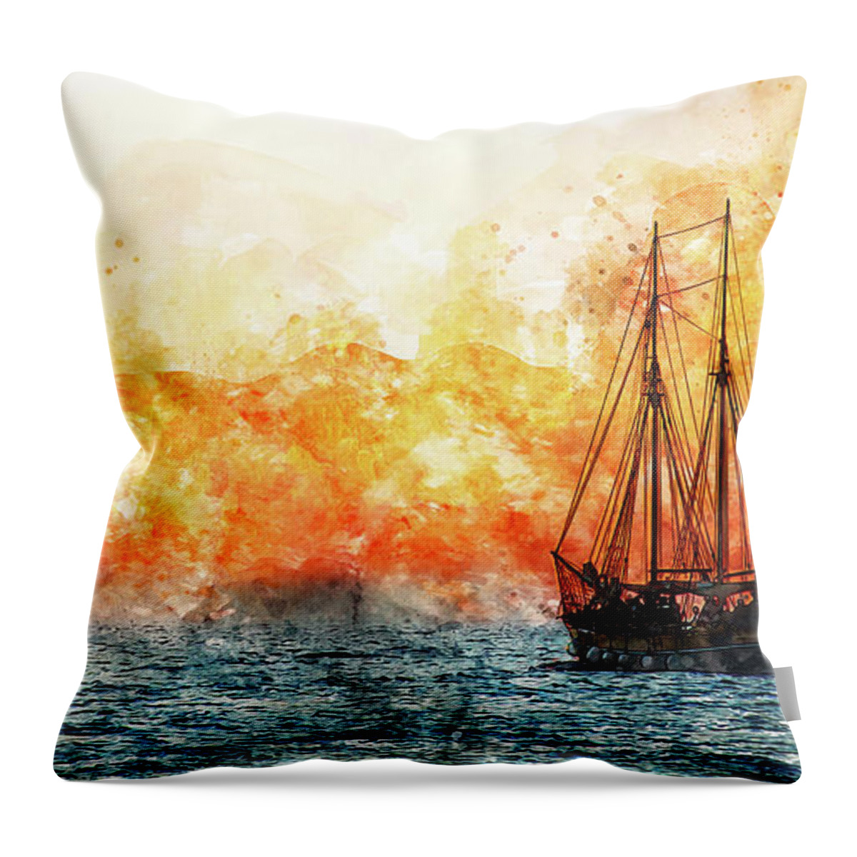 Sail The Ocean Throw Pillow featuring the painting Sailing at Sunset - 01 by AM FineArtPrints