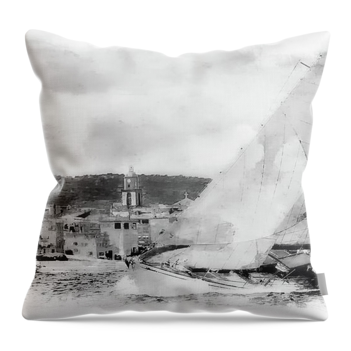 Sailing Boats At Sea Throw Pillow featuring the photograph Sailing boats at sea St. Tropez, B W Soft glow by Jean Francois Gil