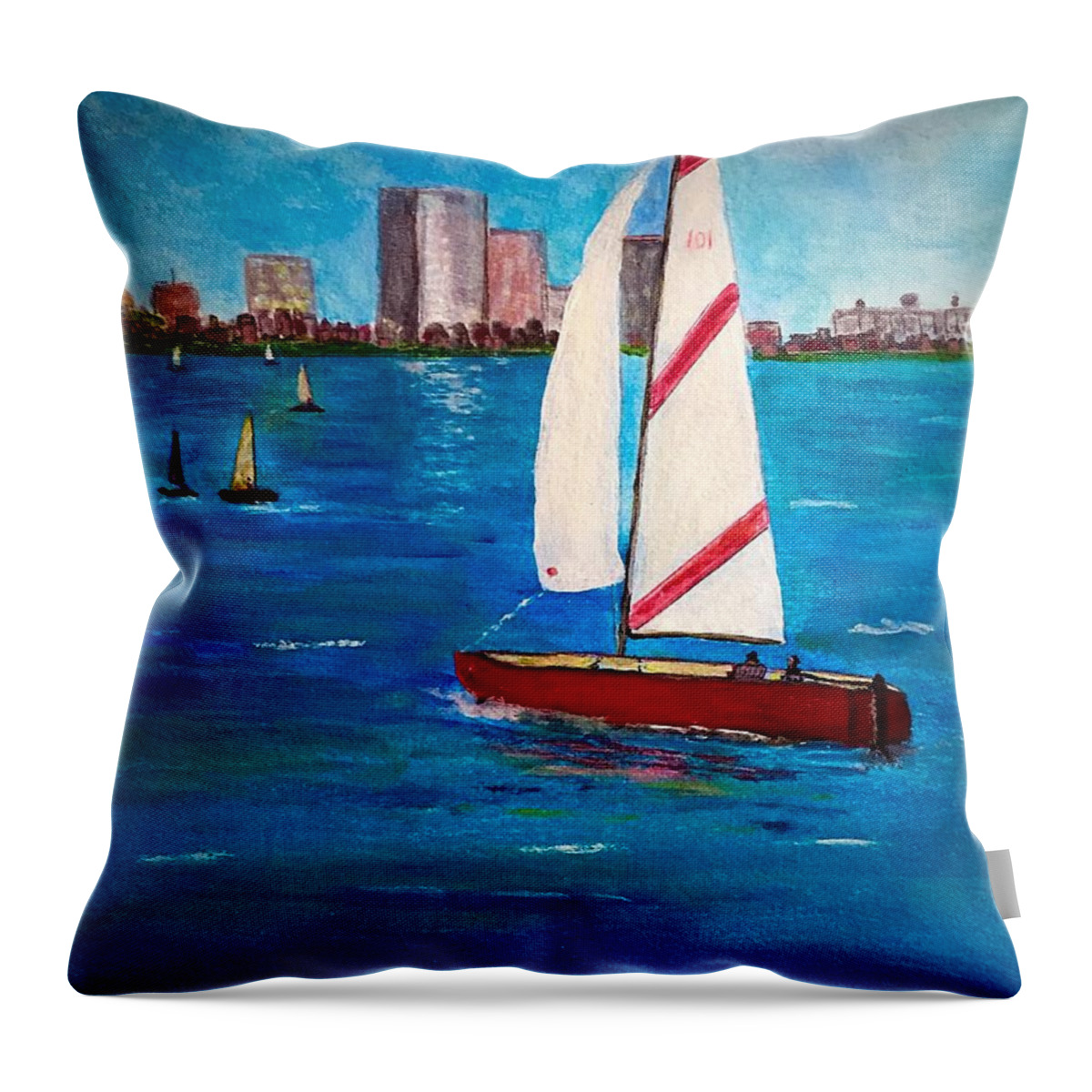 Charles River Throw Pillow featuring the painting Sailing on the Charles by Anne Sands
