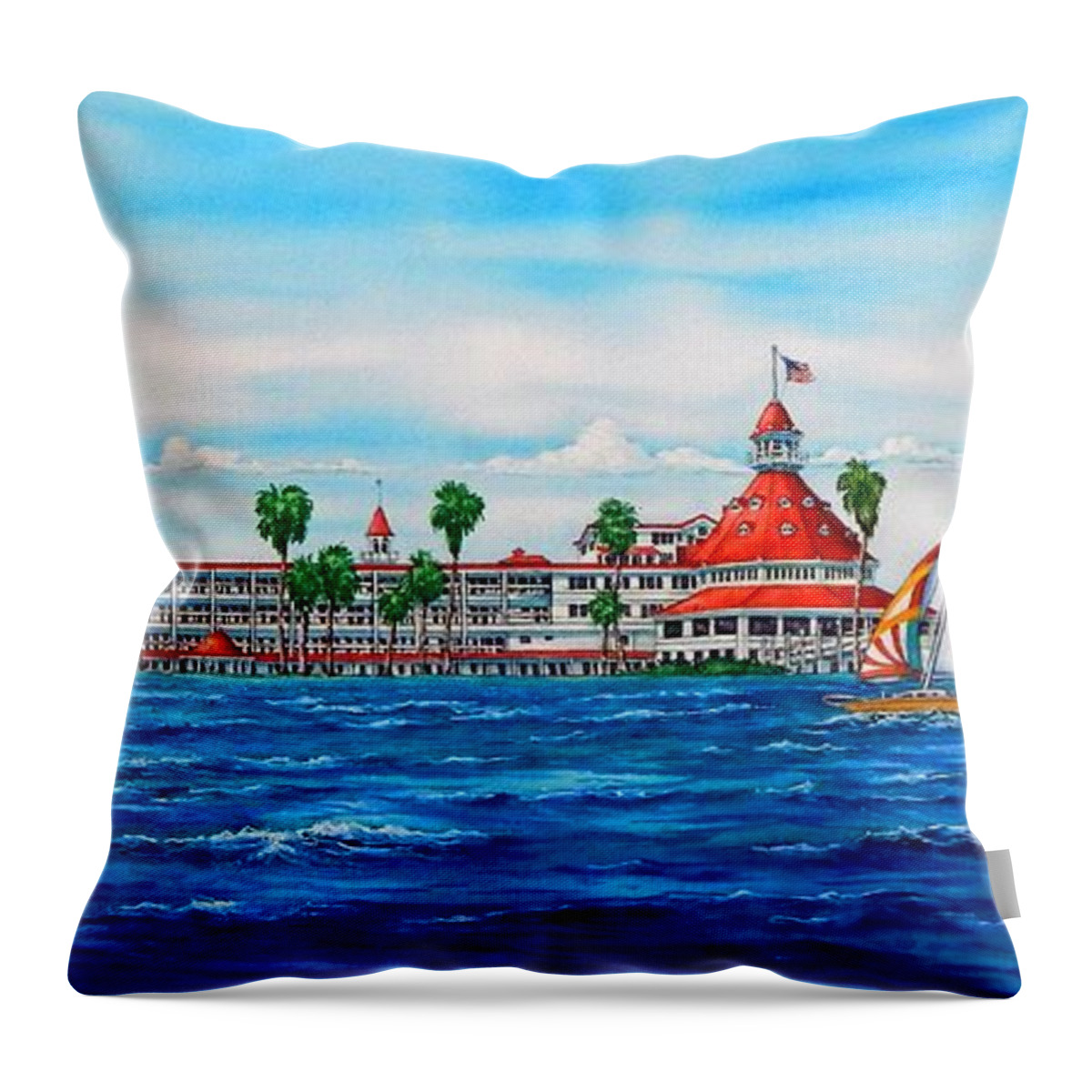 Del Throw Pillow featuring the painting HOTEL DEL CORONADO, Sailing over Hotel Del Coronado by John YATO