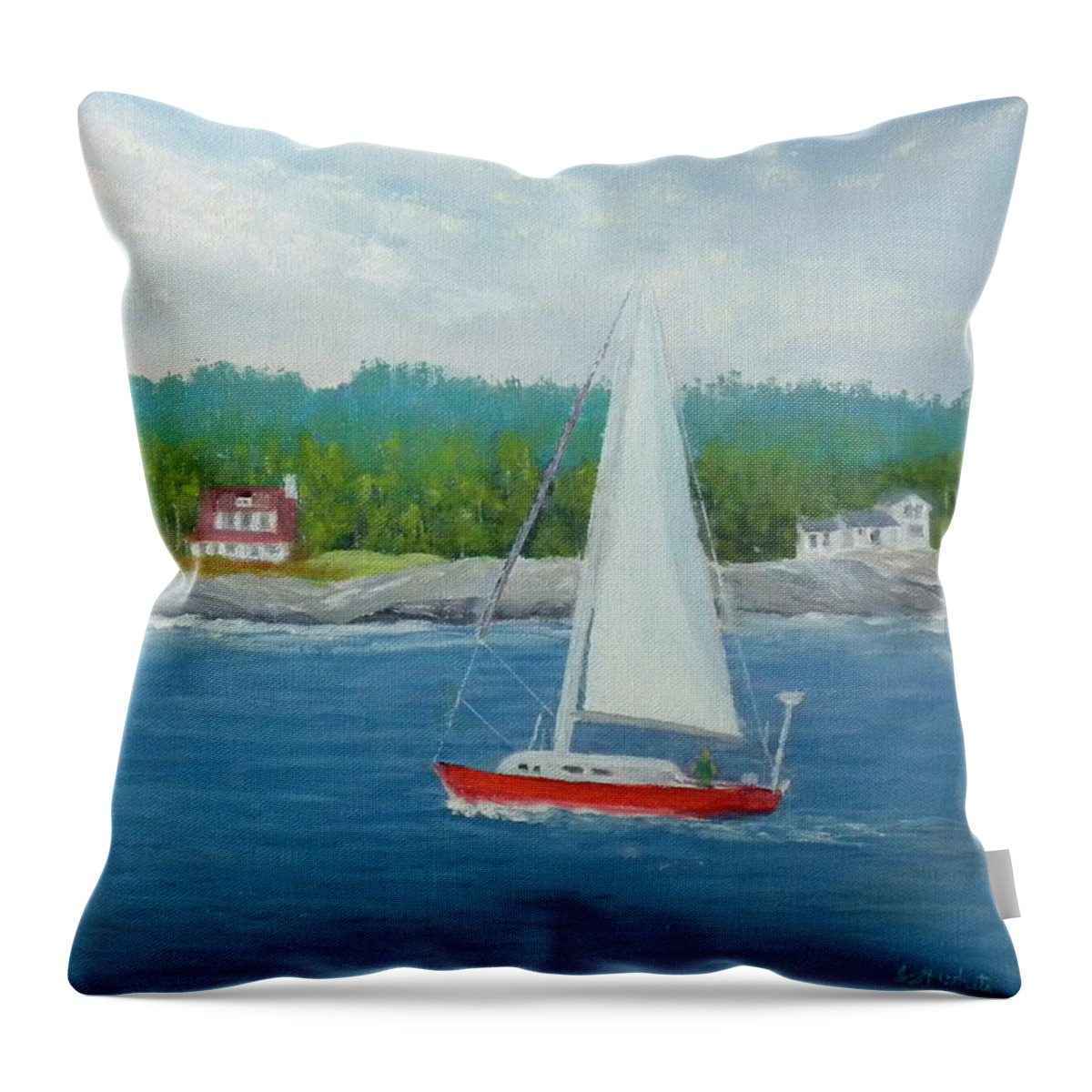 Beach Sailing Boat Seascape Landscape Ocean Houses Woods Harbor Waves Rocks Artist Scott White Throw Pillow featuring the painting Sailing To New Harbor by Scott W White