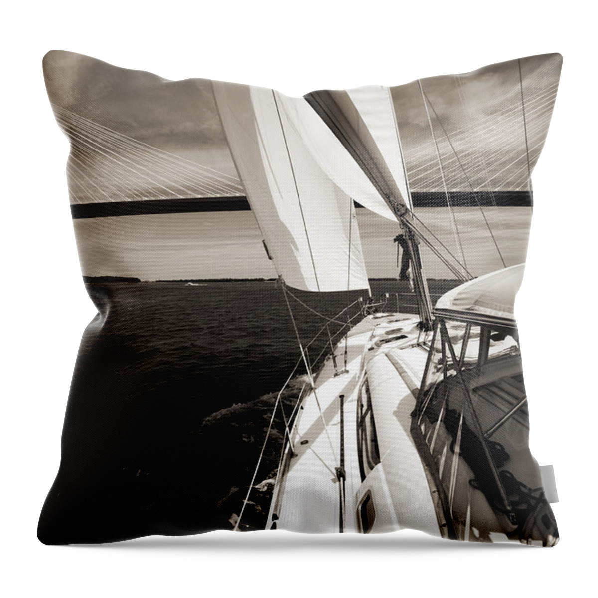 Sailing Throw Pillow featuring the photograph Sailing Under the Arthur Ravenel Jr. Bridge in Charleston SC by Dustin K Ryan