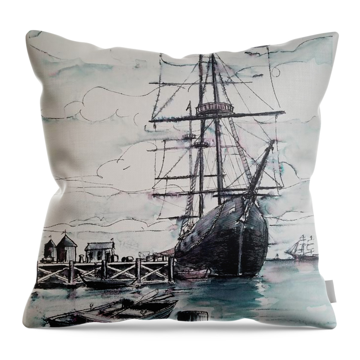 Sail Throw Pillow featuring the drawing Sailing Vessel Pandora by Vic Delnore