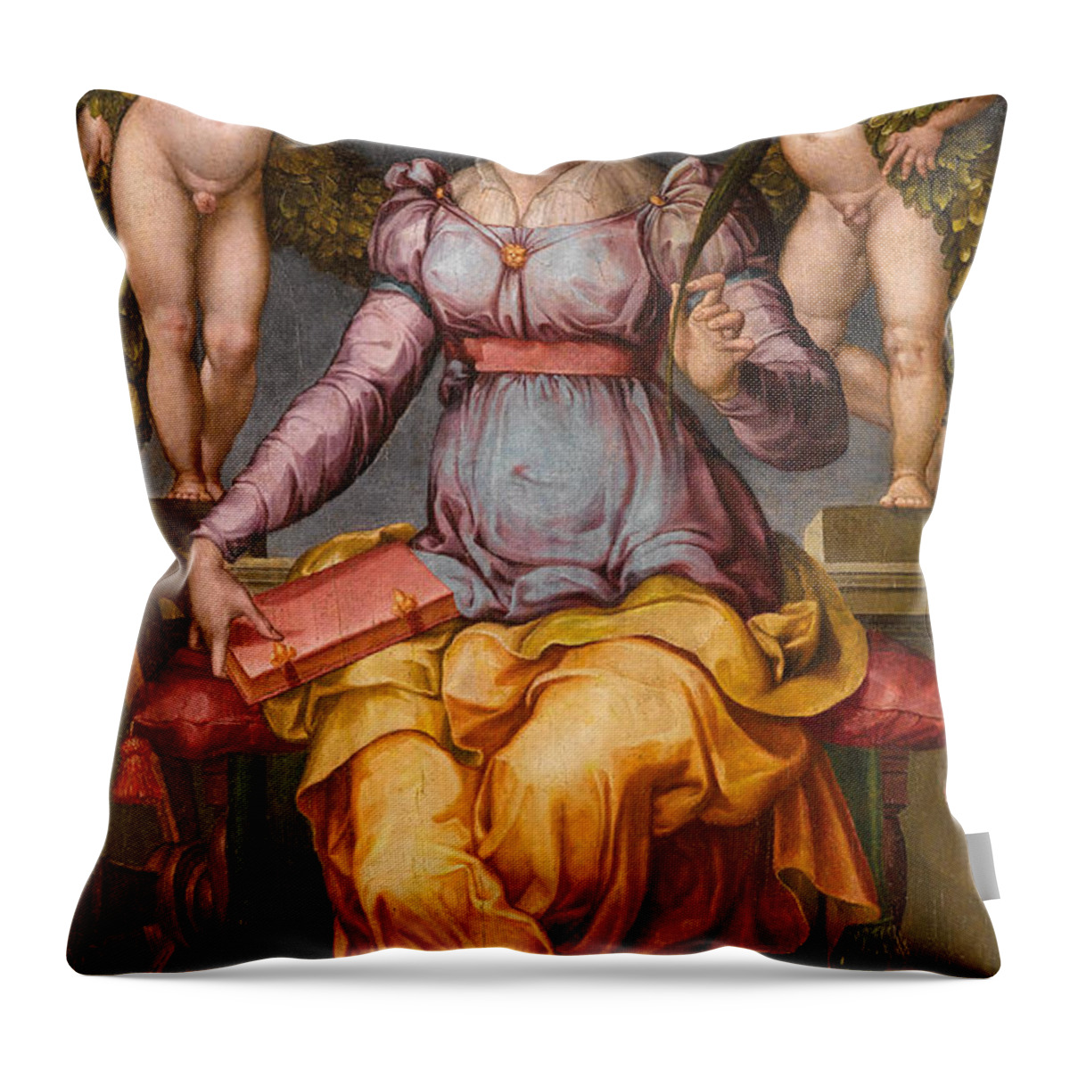 Raffaellino Del Colle Throw Pillow featuring the painting Saint Catherine of Alexandria crowned by two angels by Raffaellino del Colle