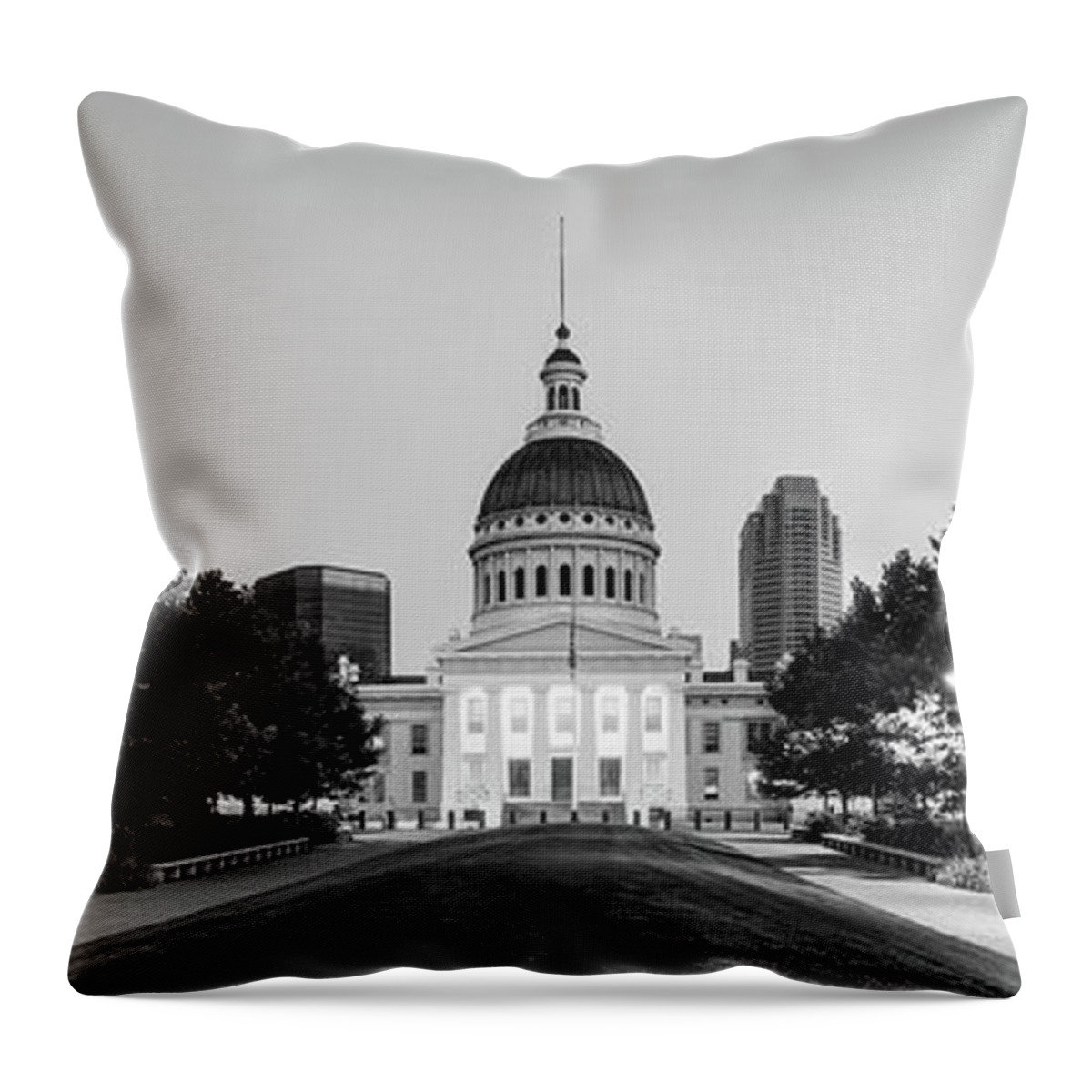 America Throw Pillow featuring the photograph Saint Louis Old Courthouse and Skyline Black and White Panorama by Gregory Ballos